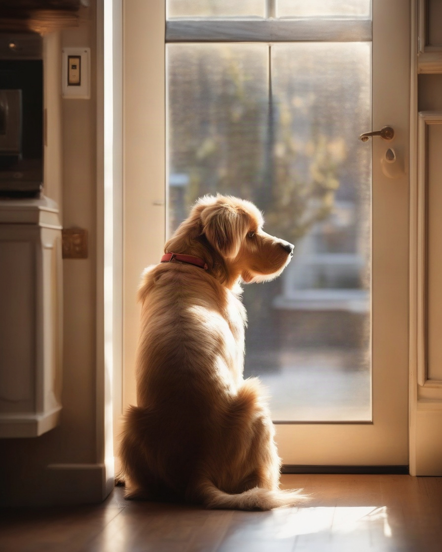A dog waiting at a closed front door