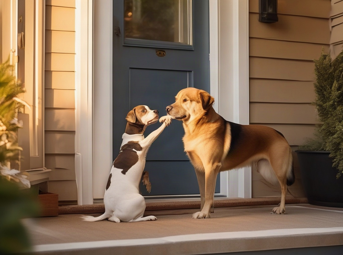 A dog in a low crouch greeting someone at an open door