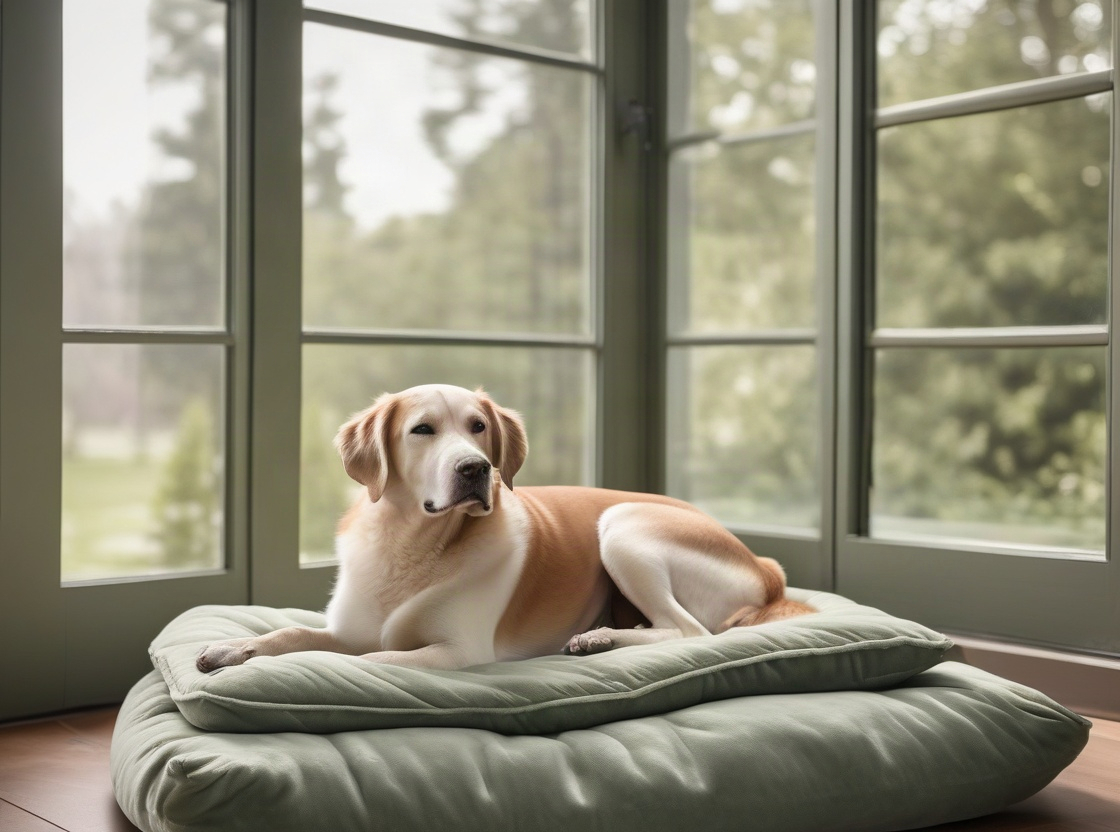 A calm dog lying on a bed near a window
