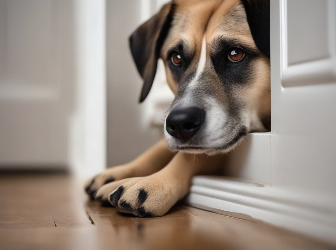 A dog's paws and nose at the base of a closed door