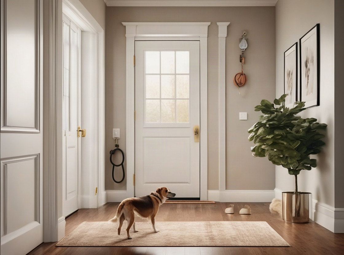 Keys on a hook by the front door while a dog watches