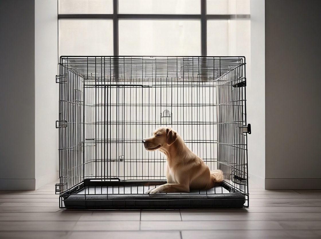 An empty dog crate with the door open