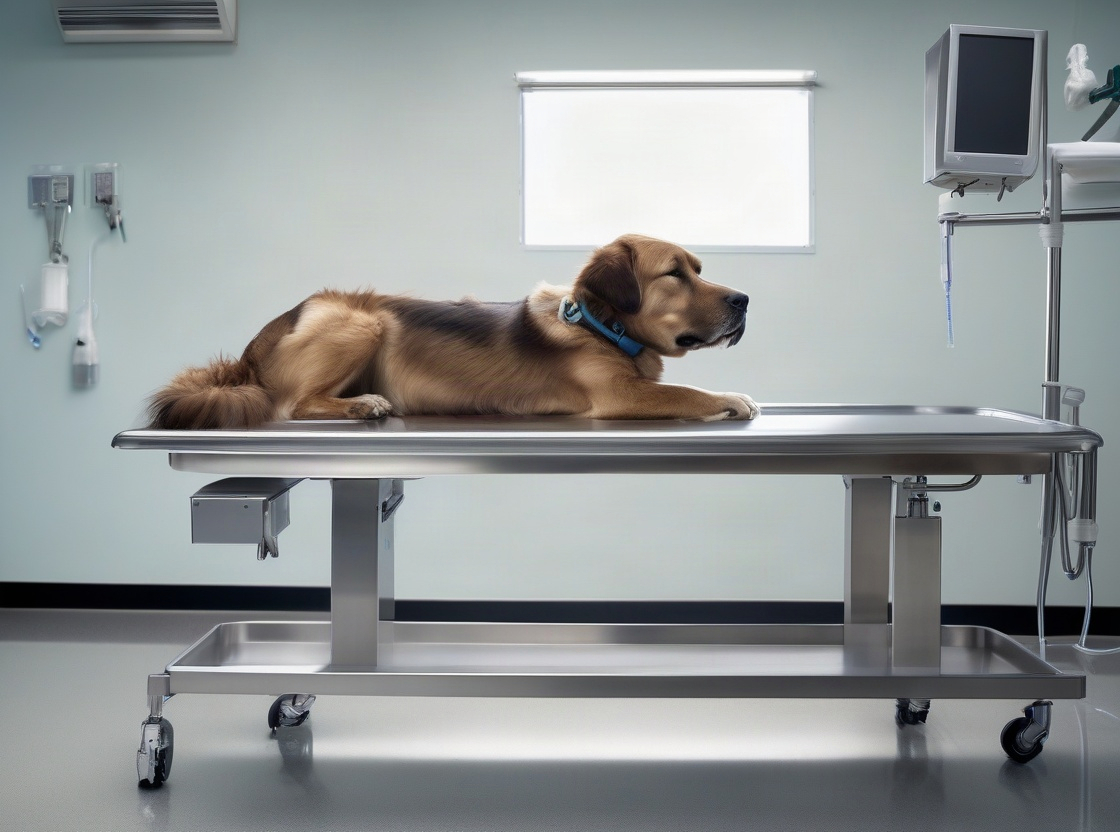 A calm dog on an exam table at a veterinary clinic